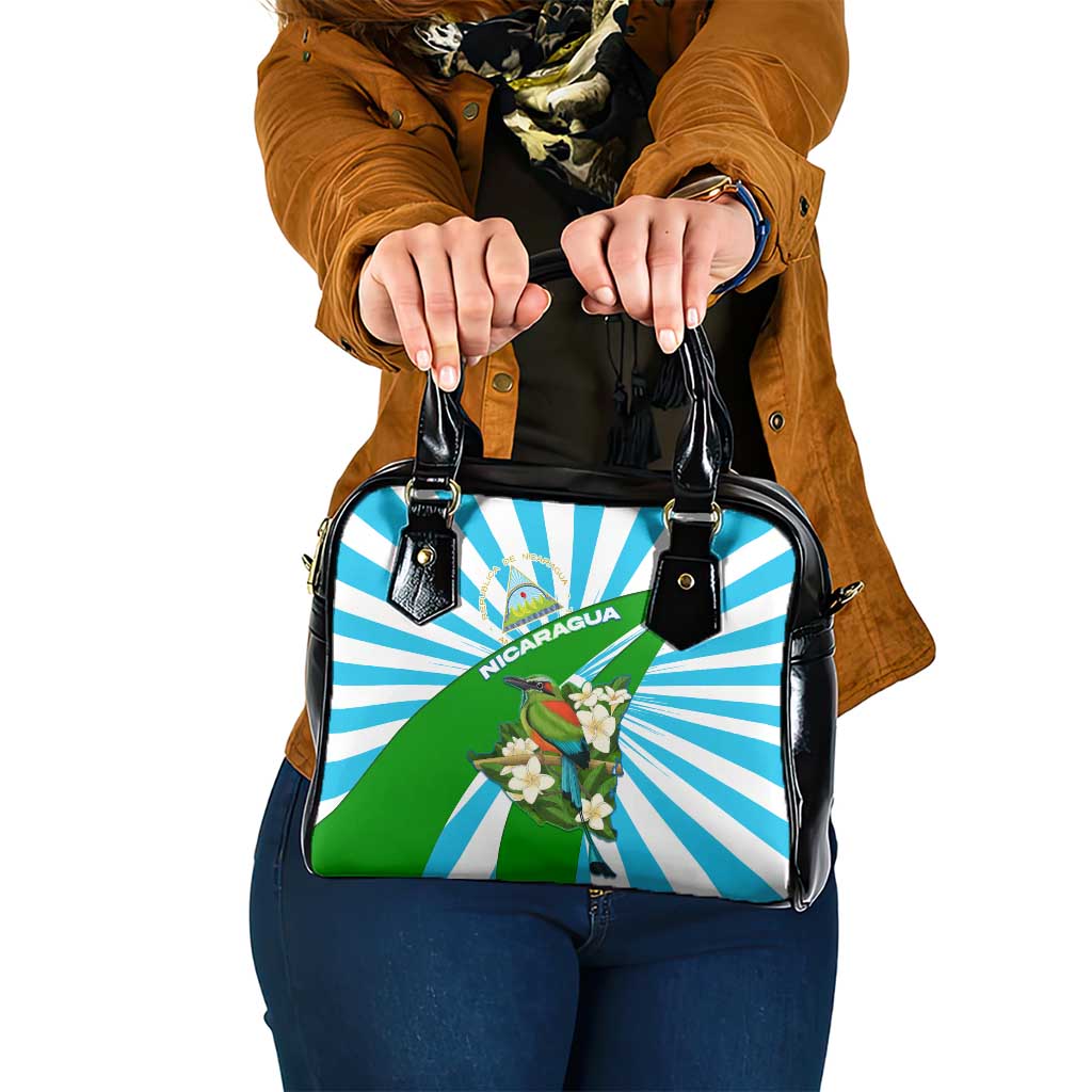 Nicaragua National Bird Shoulder Handbag with White Flor de Sacuanjoche and Blue Stripe Design TS04