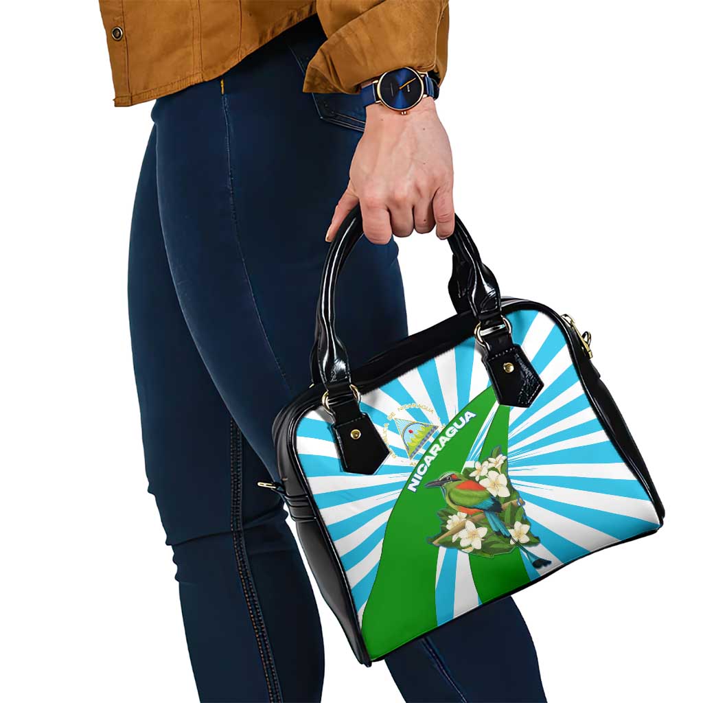 Nicaragua National Bird Shoulder Handbag with White Flor de Sacuanjoche and Blue Stripe Design TS04