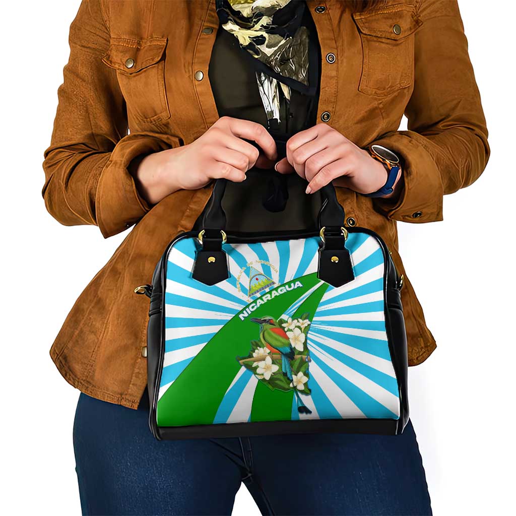 Nicaragua National Bird Shoulder Handbag with White Flor de Sacuanjoche and Blue Stripe Design TS04