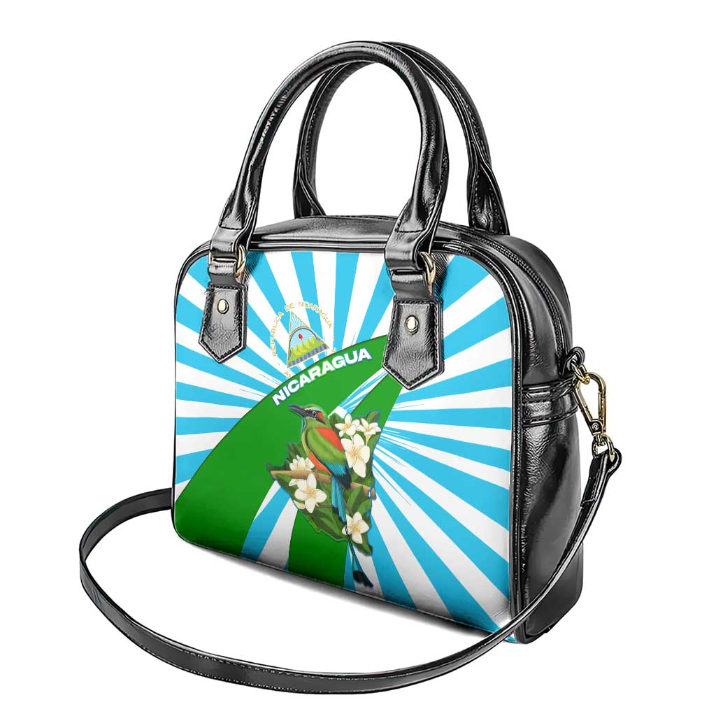 Nicaragua National Bird Shoulder Handbag with White Flor de Sacuanjoche and Blue Stripe Design TS04