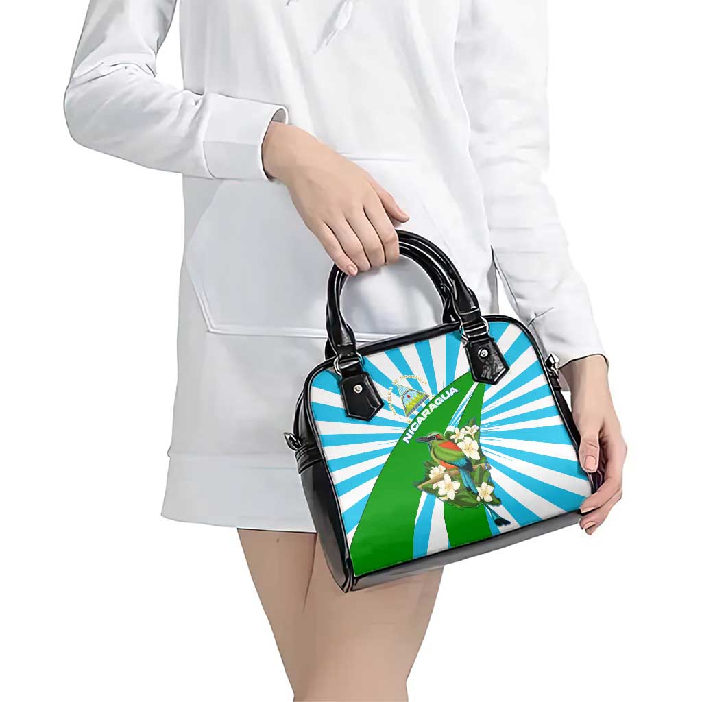Nicaragua National Bird Shoulder Handbag with White Flor de Sacuanjoche and Blue Stripe Design TS04