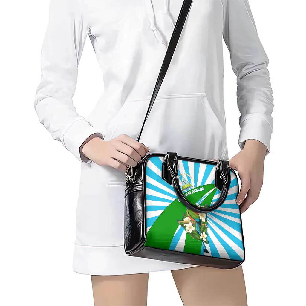 Nicaragua National Bird Shoulder Handbag with White Flor de Sacuanjoche and Blue Stripe Design TS04