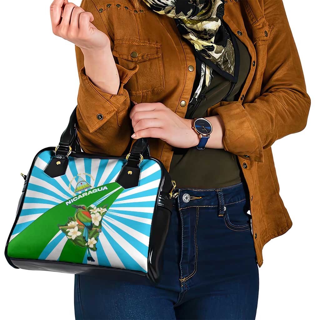 Nicaragua National Bird Shoulder Handbag with White Flor de Sacuanjoche and Blue Stripe Design TS04