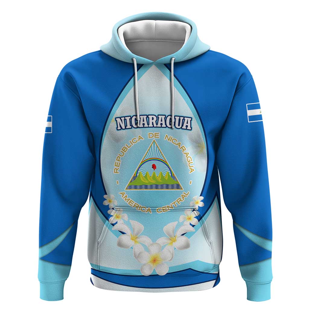 Nicaragua National Emblem Hoodie with White Flor de Sacuanjoche and Blue Gradient Design TS04
