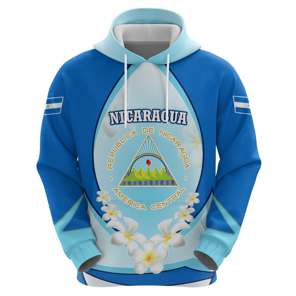 Nicaragua National Emblem Hoodie with White Flor de Sacuanjoche and Blue Gradient Design TS04