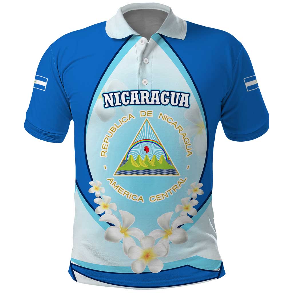 Nicaragua National Emblem Polo Shirt with White Flor de Sacuanjoche and Blue Gradient Design TS04