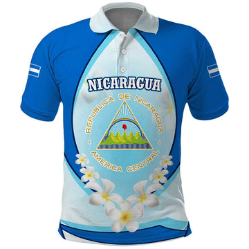 Nicaragua National Emblem Polo Shirt with White Flor de Sacuanjoche and Blue Gradient Design TS04