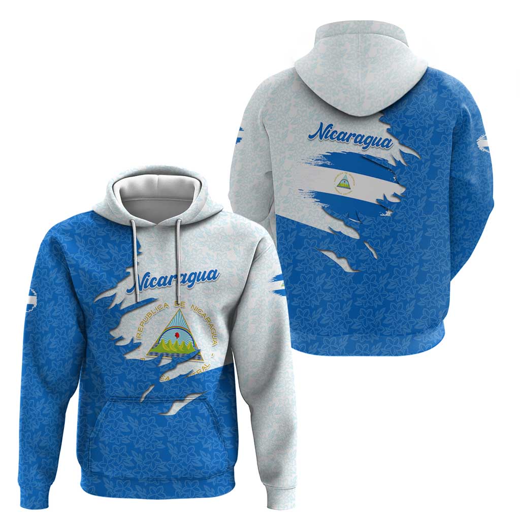 Nicaragua Flag Ripped Effect Hoodie with National Emblem and Floral Pattern Design TS04