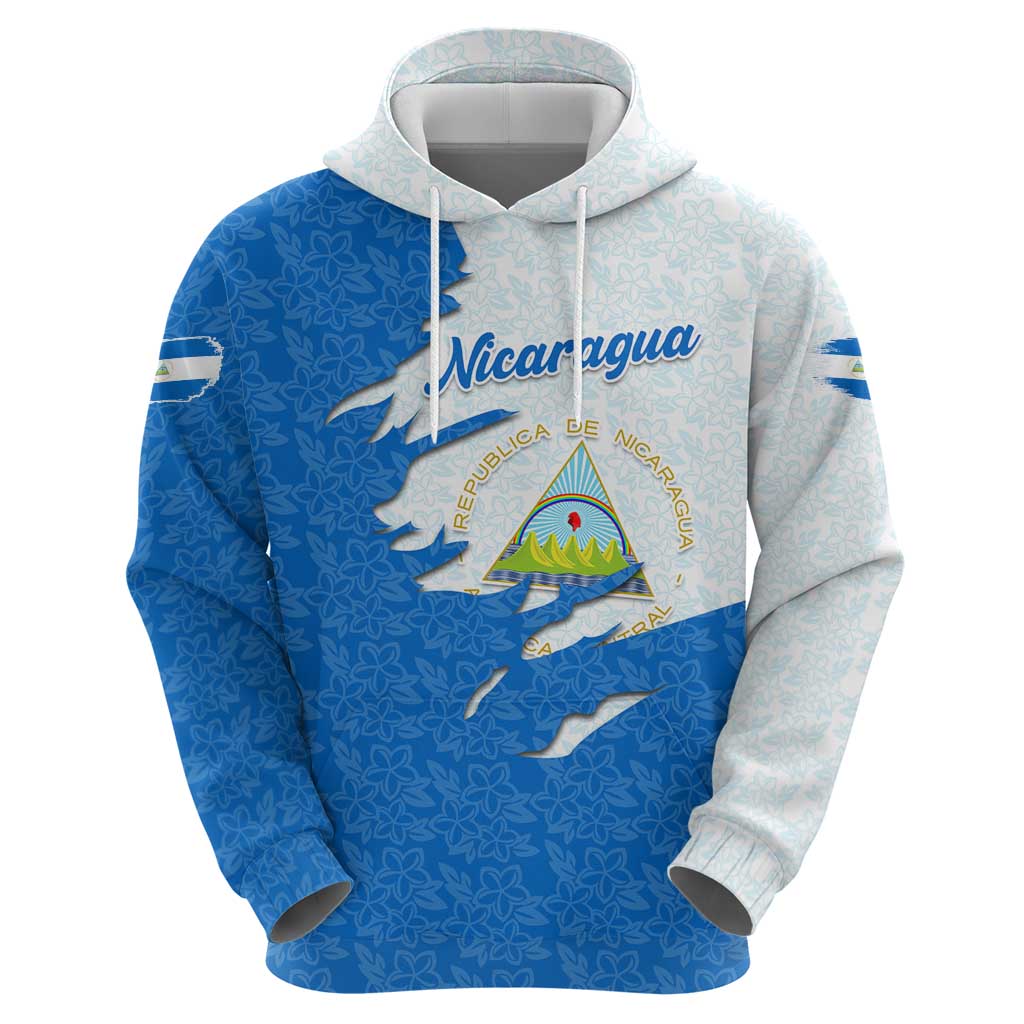 Nicaragua Flag Ripped Effect Hoodie with National Emblem and Floral Pattern Design TS04