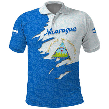 Nicaragua Flag Ripped Effect Polo Shirt with National Emblem and Floral Pattern Design TS04