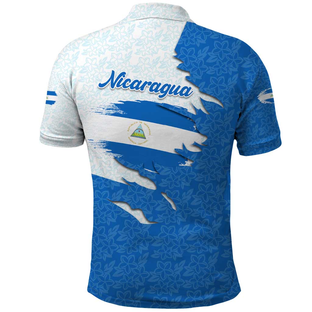 Nicaragua Flag Ripped Effect Polo Shirt with National Emblem and Floral Pattern Design TS04