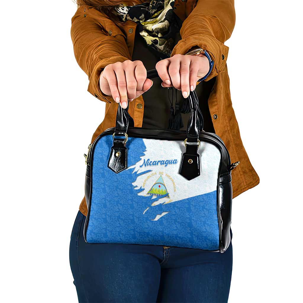 Nicaragua Flag Ripped Effect Shoulder Handbag with National Emblem and Floral Pattern Design TS04