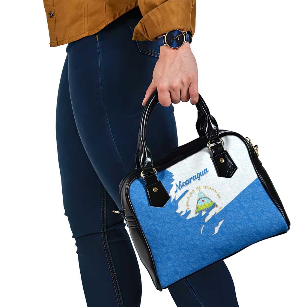 Nicaragua Flag Ripped Effect Shoulder Handbag with National Emblem and Floral Pattern Design TS04
