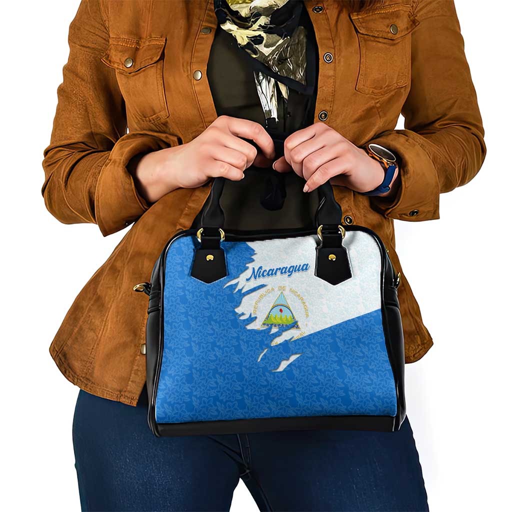 Nicaragua Flag Ripped Effect Shoulder Handbag with National Emblem and Floral Pattern Design TS04