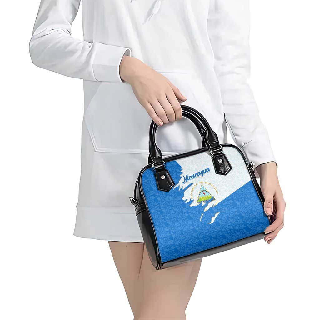 Nicaragua Flag Ripped Effect Shoulder Handbag with National Emblem and Floral Pattern Design TS04