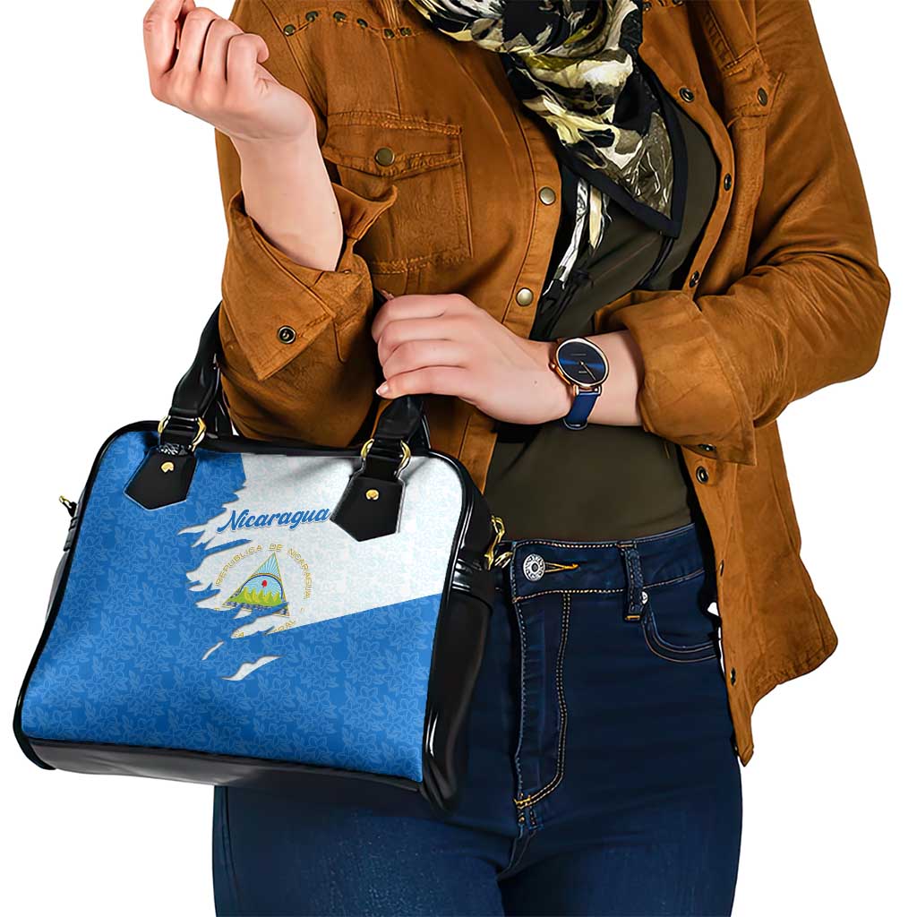 Nicaragua Flag Ripped Effect Shoulder Handbag with National Emblem and Floral Pattern Design TS04