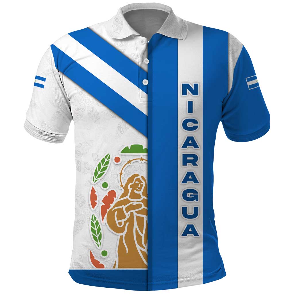 Nicaragua Cultural Art Polo Shirt with Blue White Stripes and Indigenous Motif Design TS04