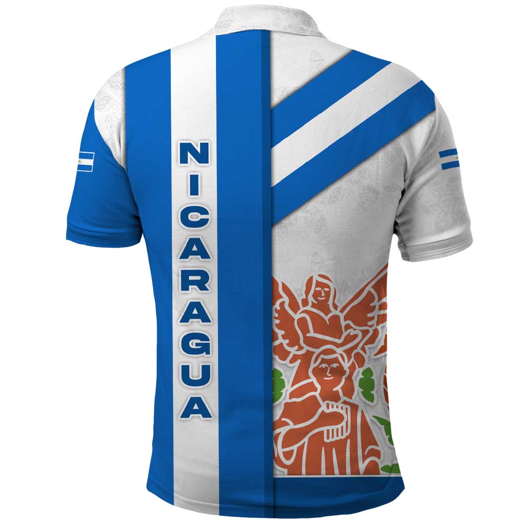 Nicaragua Cultural Art Polo Shirt with Blue White Stripes and Indigenous Motif Design TS04