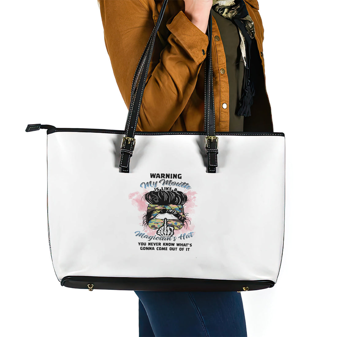 Warning My Mouth Messy Bun Leather Tote Bag TS04