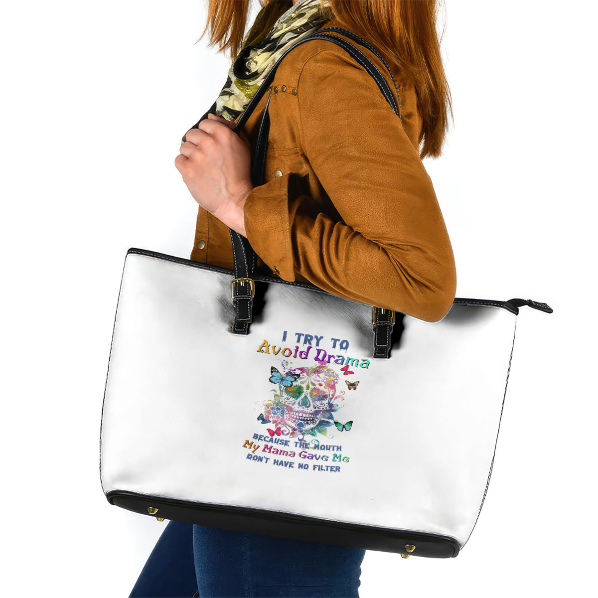 I Try To Avoid Drama Sugar Skull Colorful Leather Tote Bag TS04
