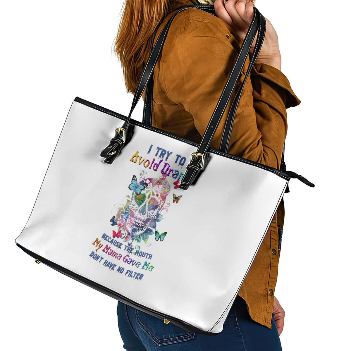 I Try To Avoid Drama Sugar Skull Colorful Leather Tote Bag TS04