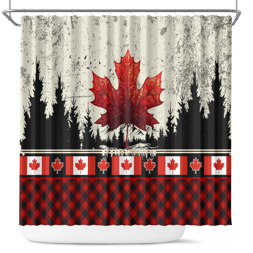Canada Flag Shower Curtain Maple Leaf & Plaid Pattern Design TS04