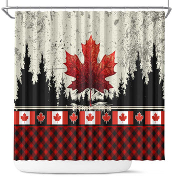 Canada Flag Shower Curtain Maple Leaf & Plaid Pattern Design TS04