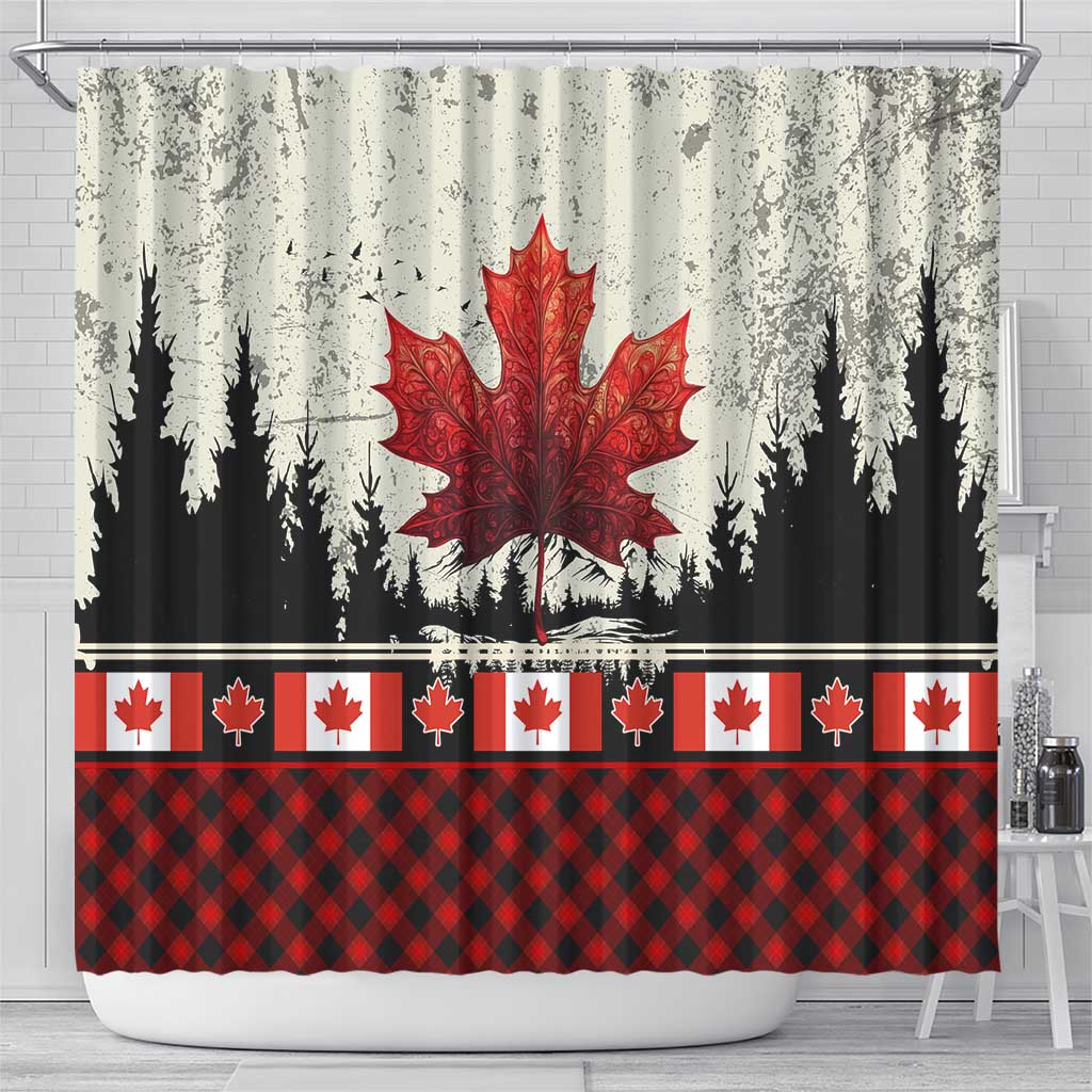 Canada Flag Shower Curtain Maple Leaf & Plaid Pattern Design TS04