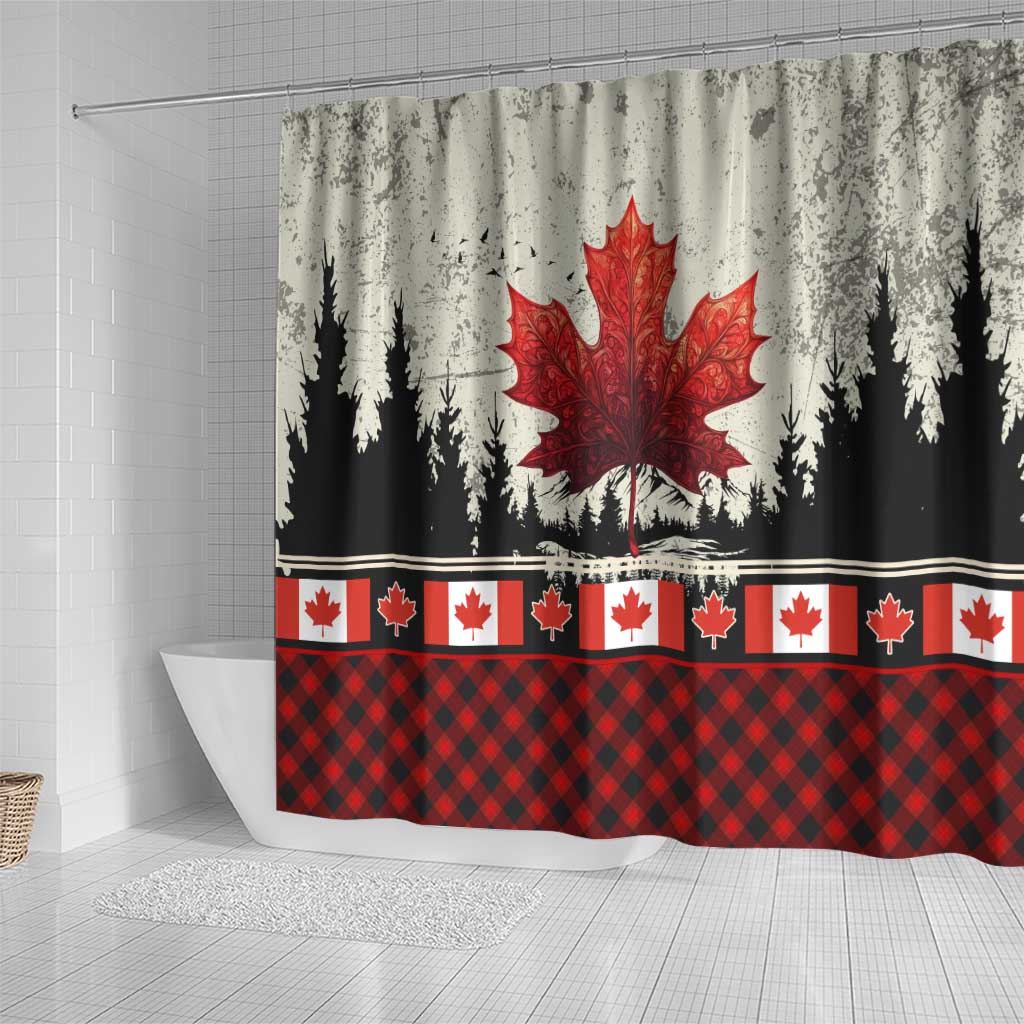 Canada Flag Shower Curtain Maple Leaf & Plaid Pattern Design TS04