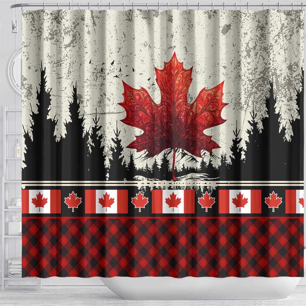 Canada Flag Shower Curtain Maple Leaf & Plaid Pattern Design TS04