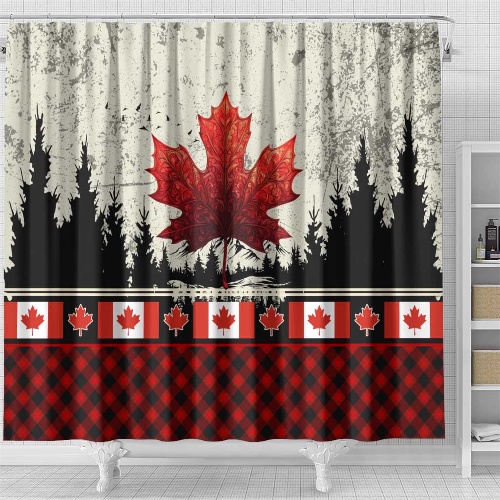 Canada Flag Shower Curtain Maple Leaf & Plaid Pattern Design TS04