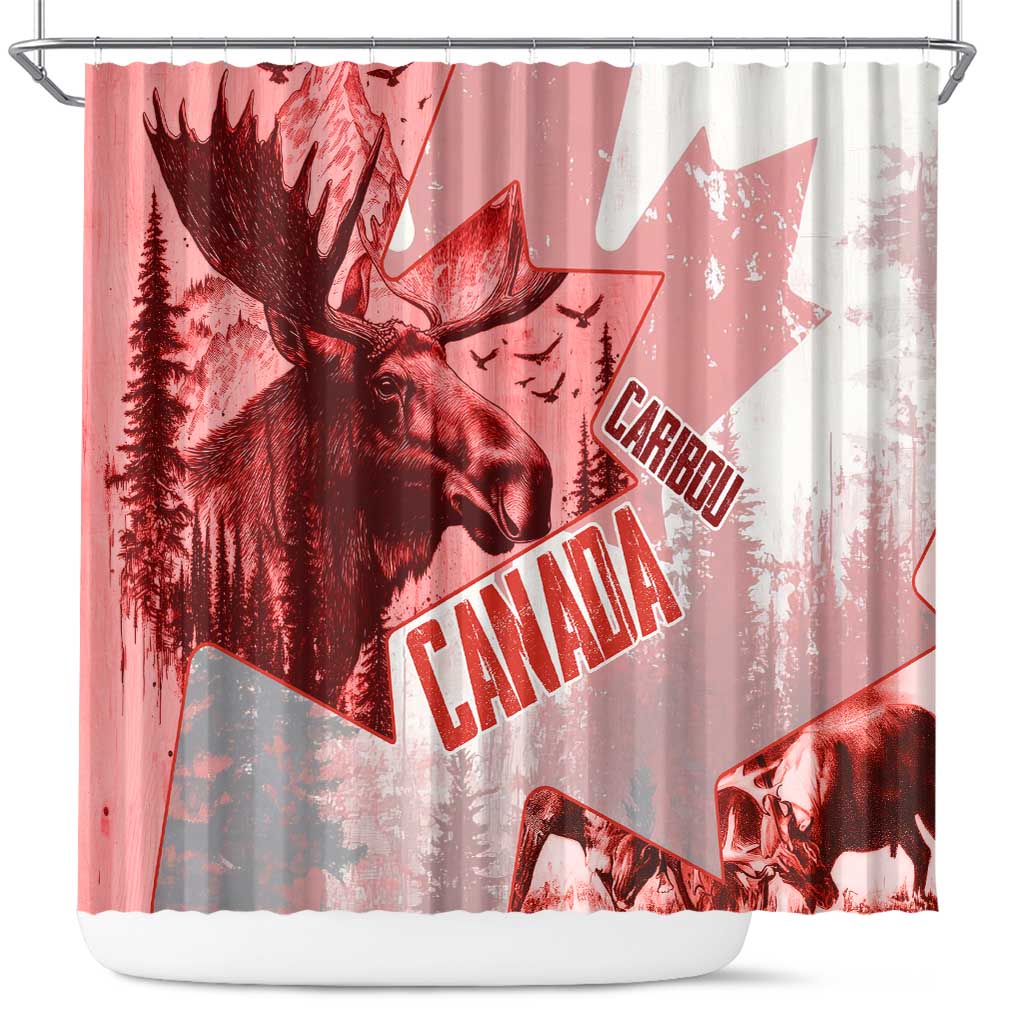 Canada Flag Shower Curtain Caribou Design with National Symbol TS04