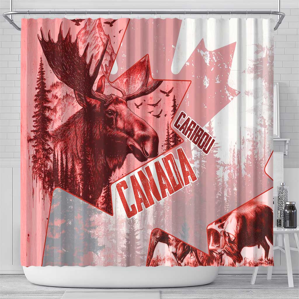Canada Flag Shower Curtain Caribou Design with National Symbol TS04