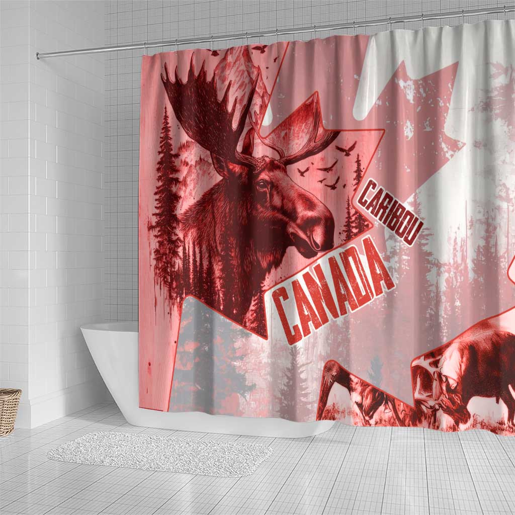Canada Flag Shower Curtain Caribou Design with National Symbol TS04