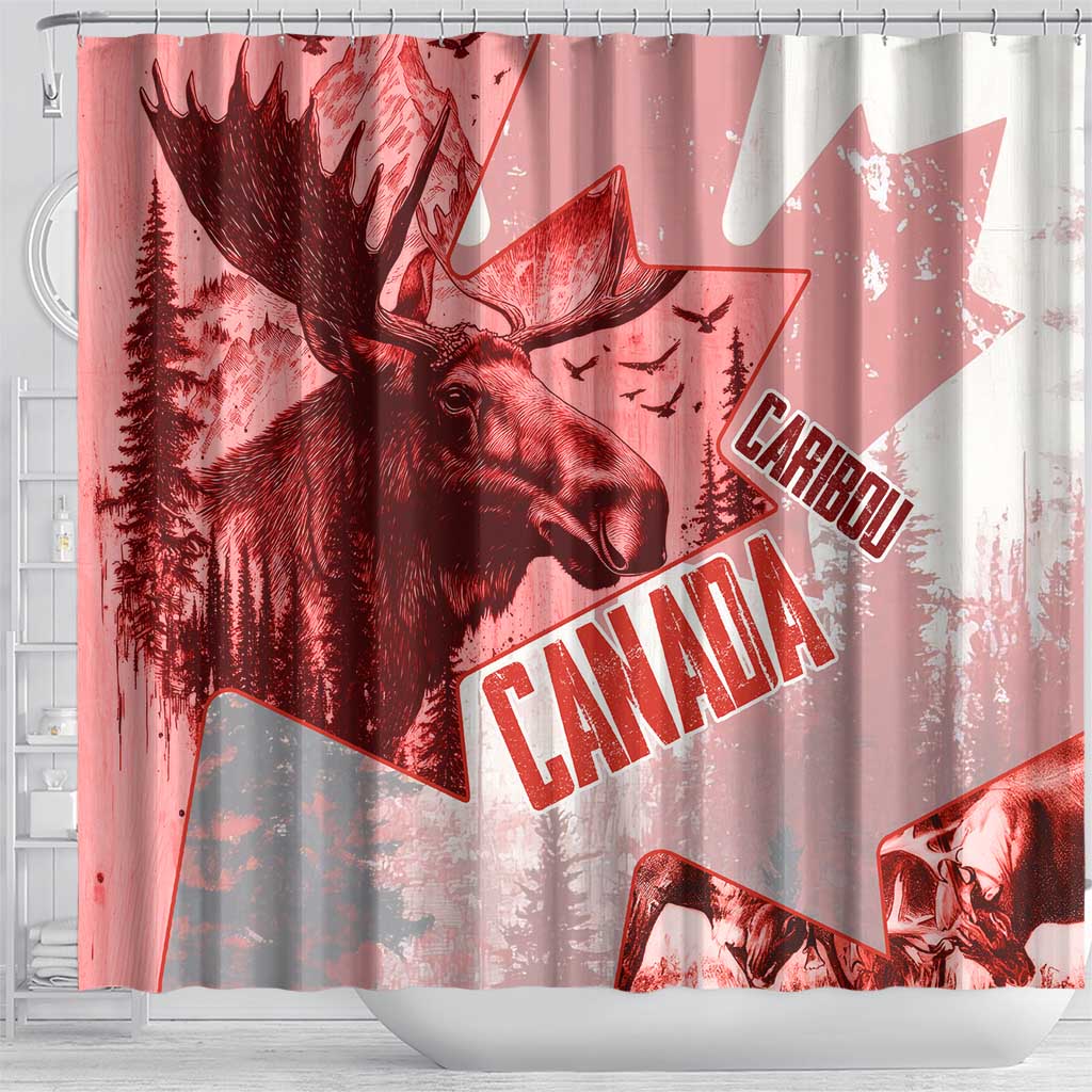 Canada Flag Shower Curtain Caribou Design with National Symbol TS04