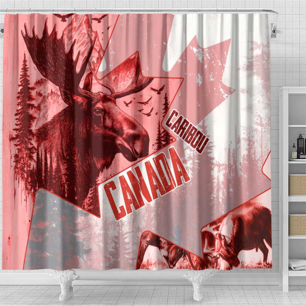 Canada Flag Shower Curtain Caribou Design with National Symbol TS04