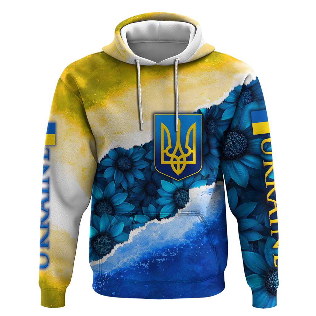 Trident Emblem Ukraine Hoodie with Blue Sunflowers and Flag Colors Design TS04