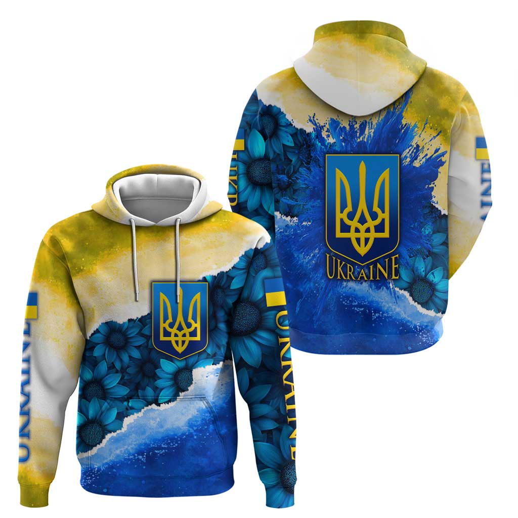 Trident Emblem Ukraine Hoodie with Blue Sunflowers and Flag Colors Design TS04