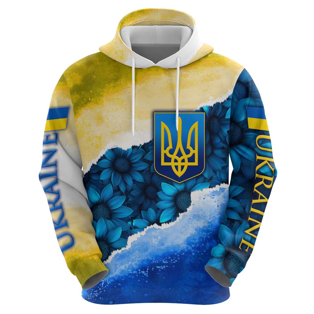 Trident Emblem Ukraine Hoodie with Blue Sunflowers and Flag Colors Design TS04