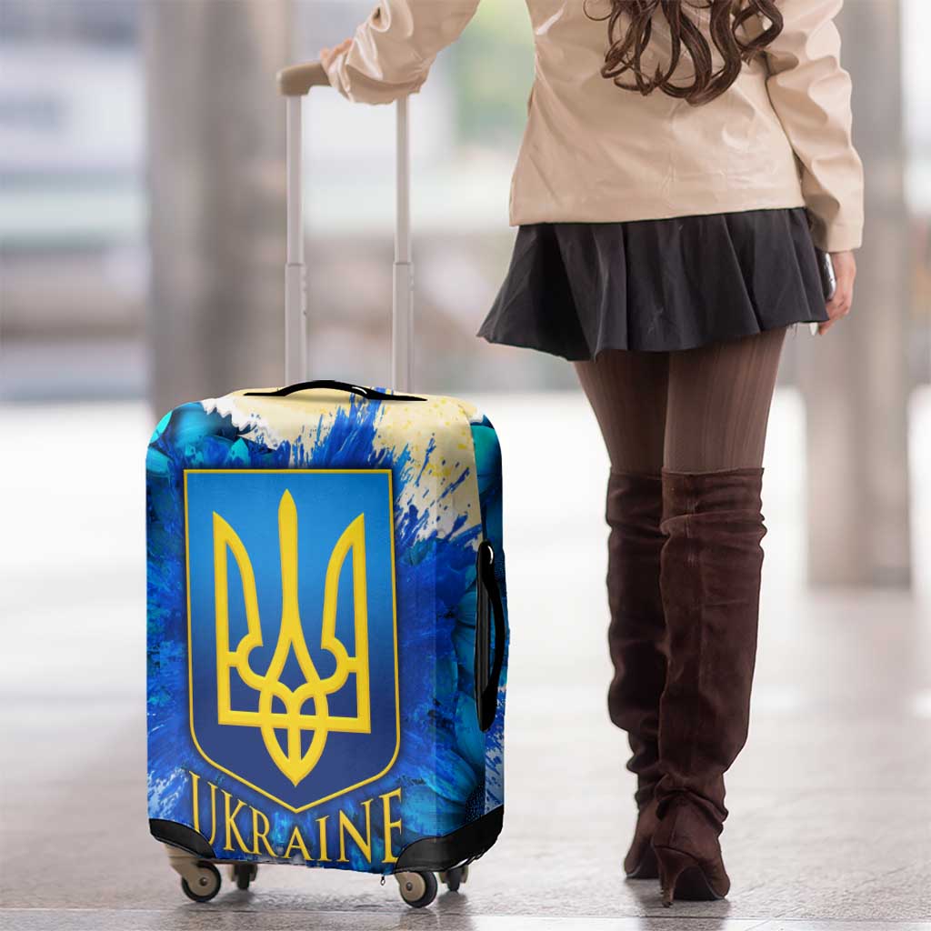 Trident Emblem Ukraine Luggage Cover with Blue Sunflowers and Flag Colors Design TS04