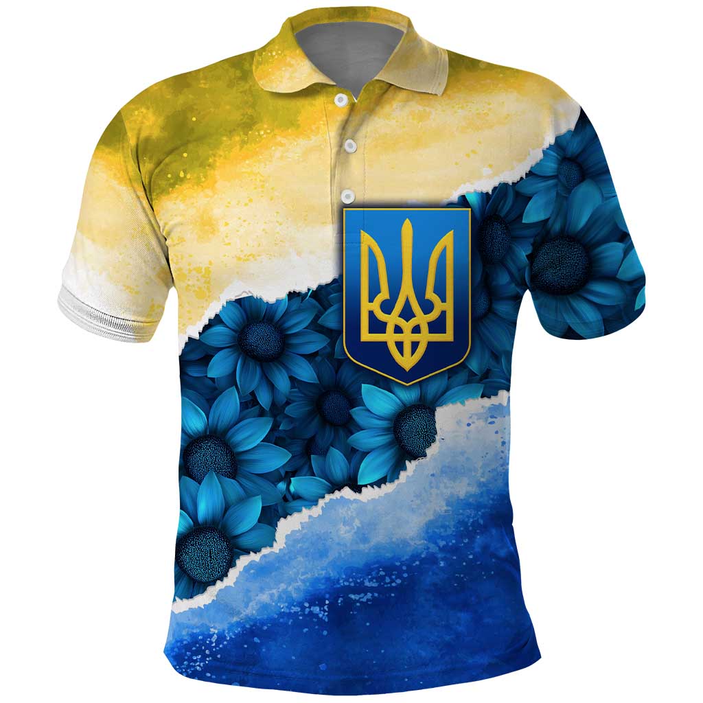 Trident Emblem Ukraine Polo Shirt with Blue Sunflowers and Flag Colors Design TS04