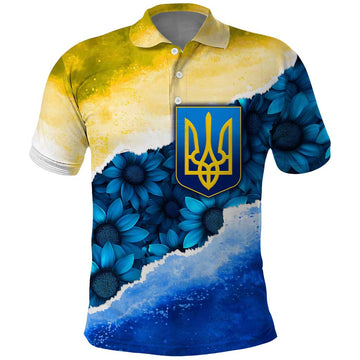 Trident Emblem Ukraine Polo Shirt with Blue Sunflowers and Flag Colors Design TS04