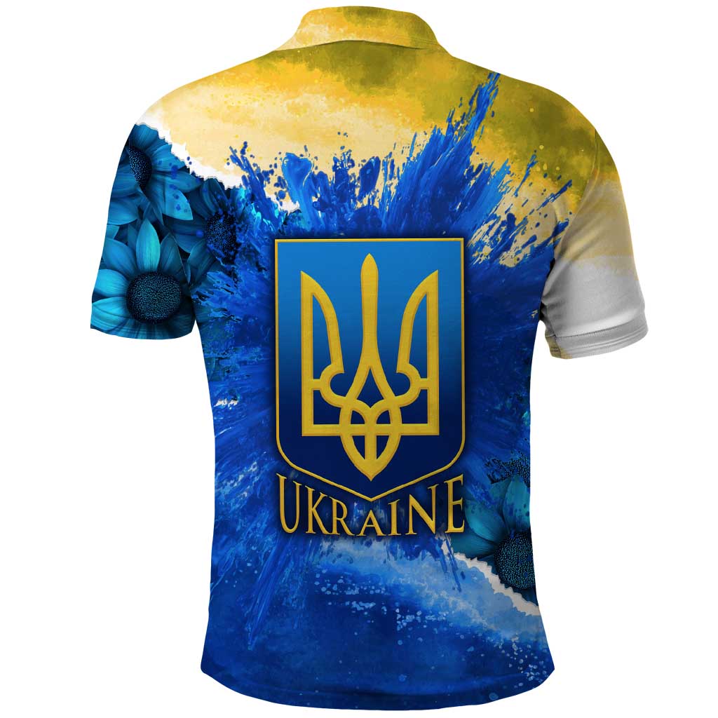Trident Emblem Ukraine Polo Shirt with Blue Sunflowers and Flag Colors Design TS04