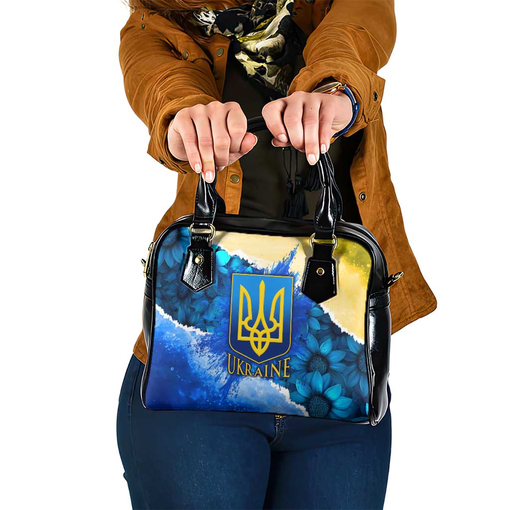 Trident Emblem Ukraine Shoulder Handbag with Blue Sunflowers and Flag Colors Design TS04