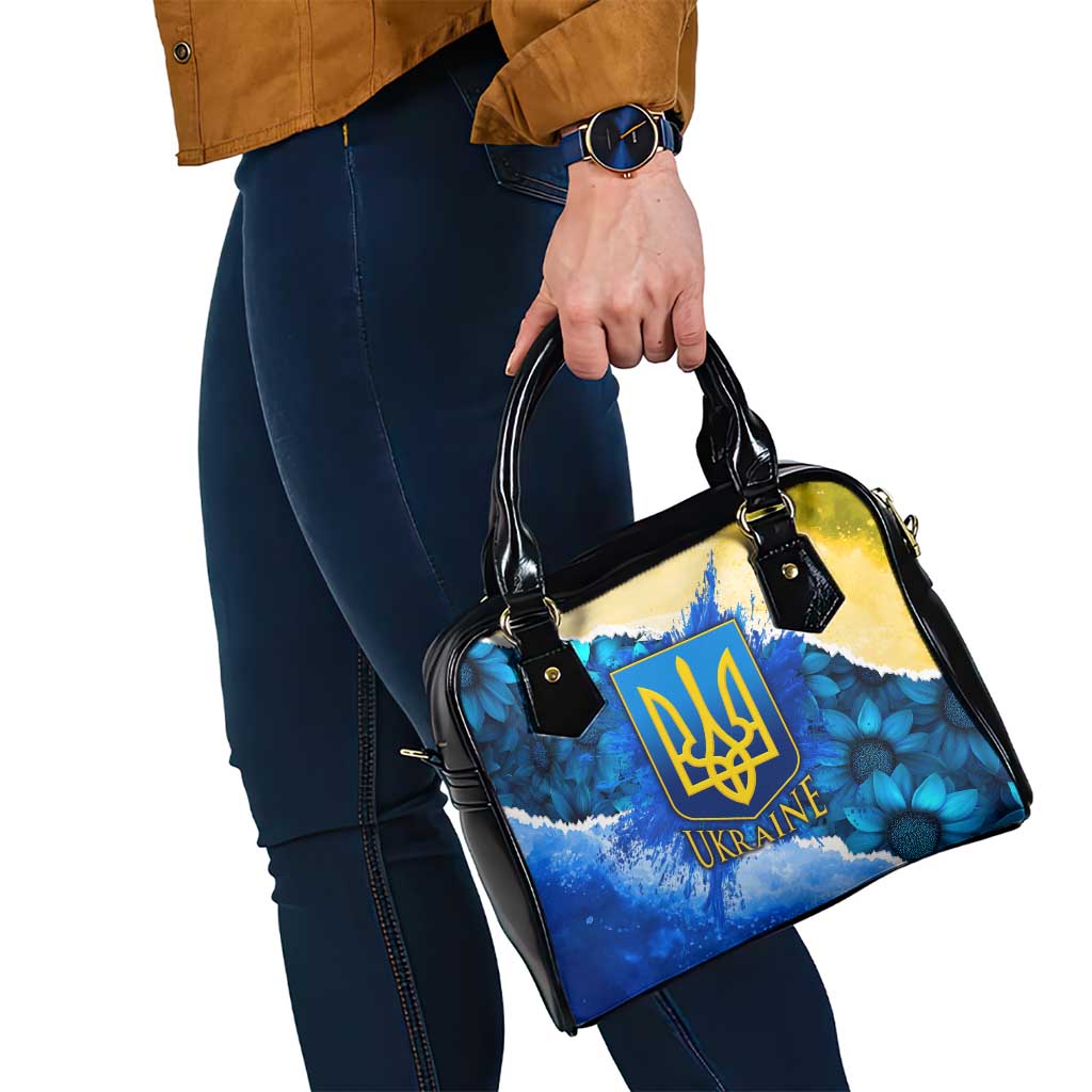 Trident Emblem Ukraine Shoulder Handbag with Blue Sunflowers and Flag Colors Design TS04