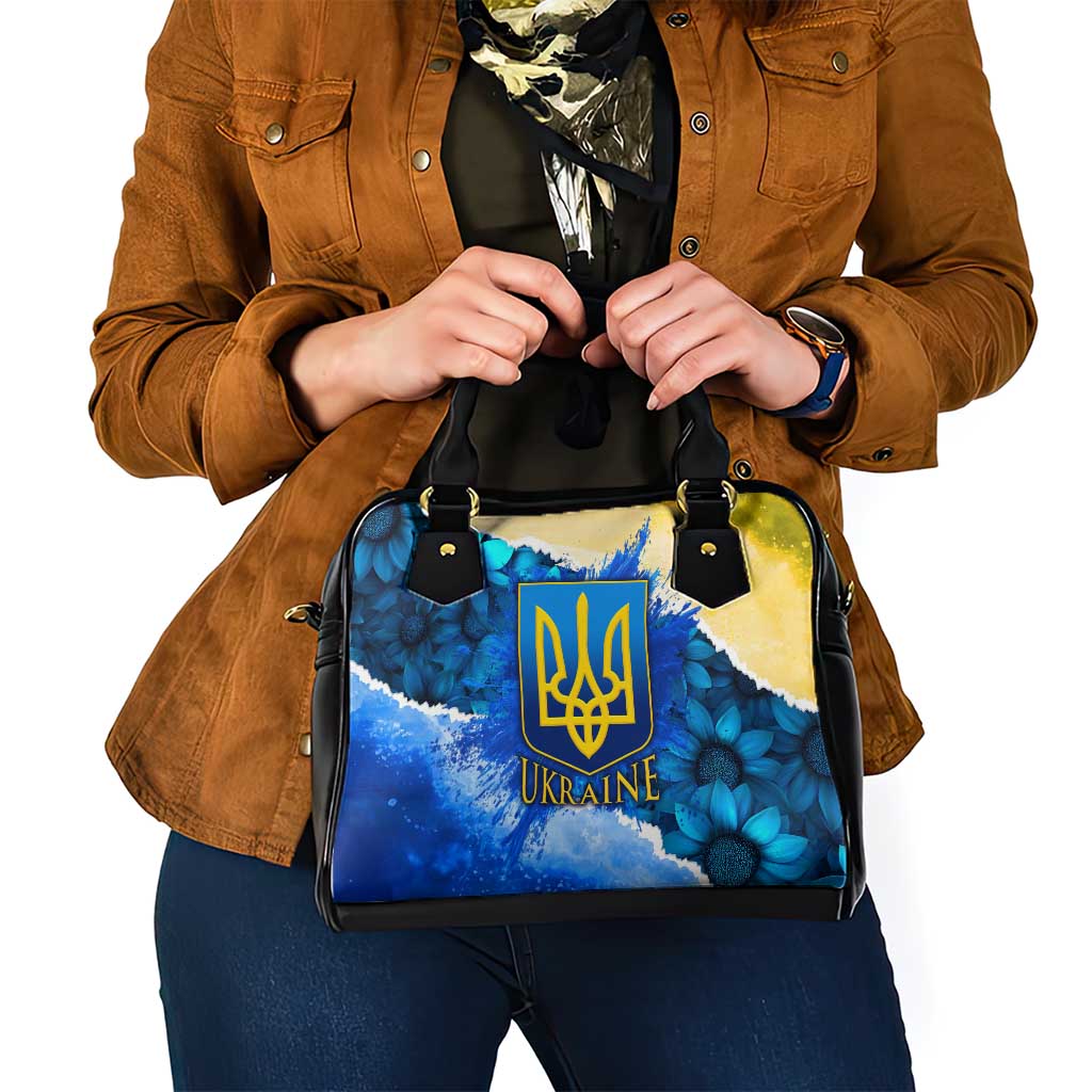 Trident Emblem Ukraine Shoulder Handbag with Blue Sunflowers and Flag Colors Design TS04