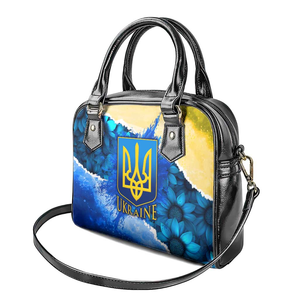 Trident Emblem Ukraine Shoulder Handbag with Blue Sunflowers and Flag Colors Design TS04