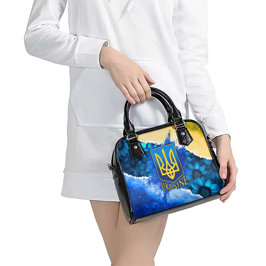 Trident Emblem Ukraine Shoulder Handbag with Blue Sunflowers and Flag Colors Design TS04