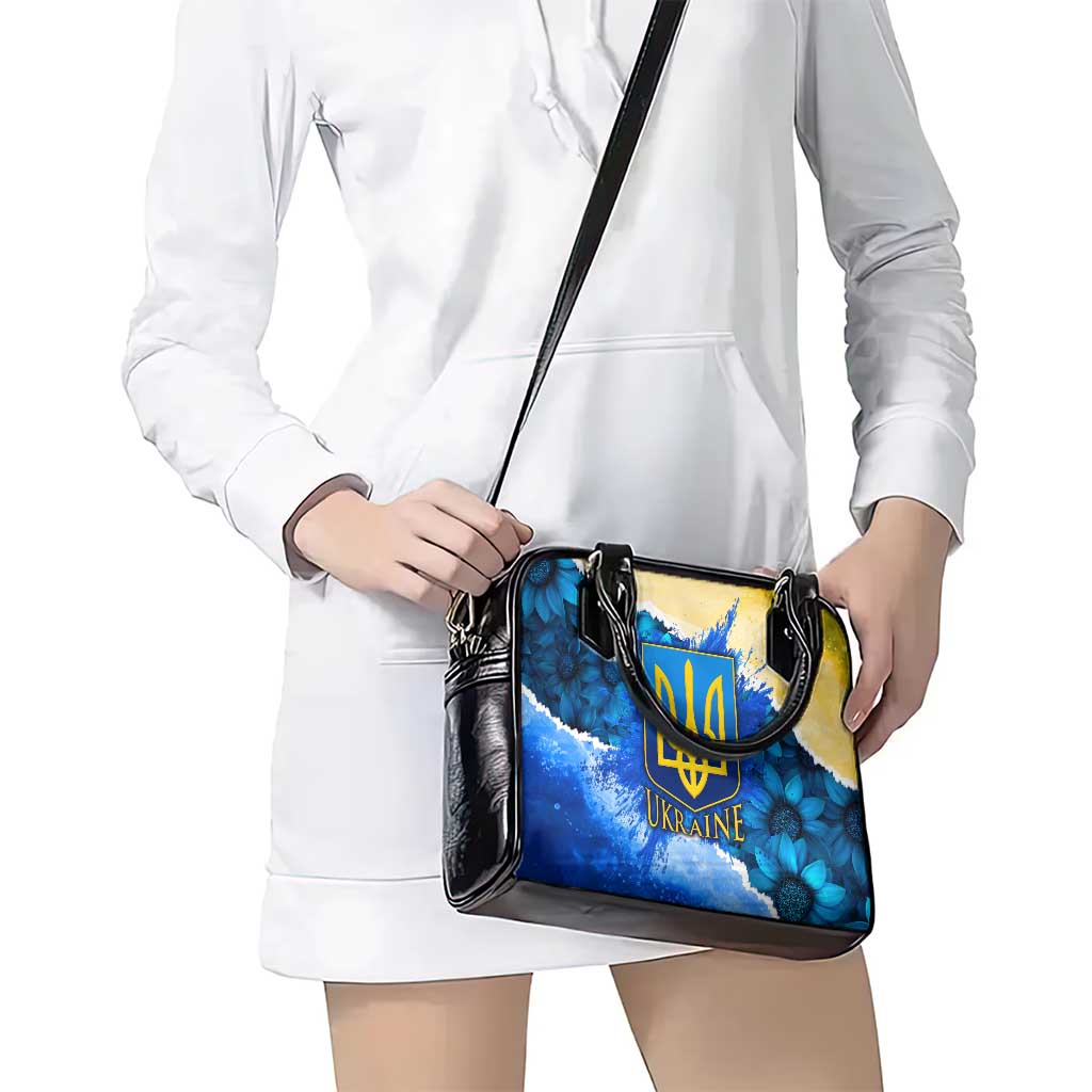 Trident Emblem Ukraine Shoulder Handbag with Blue Sunflowers and Flag Colors Design TS04