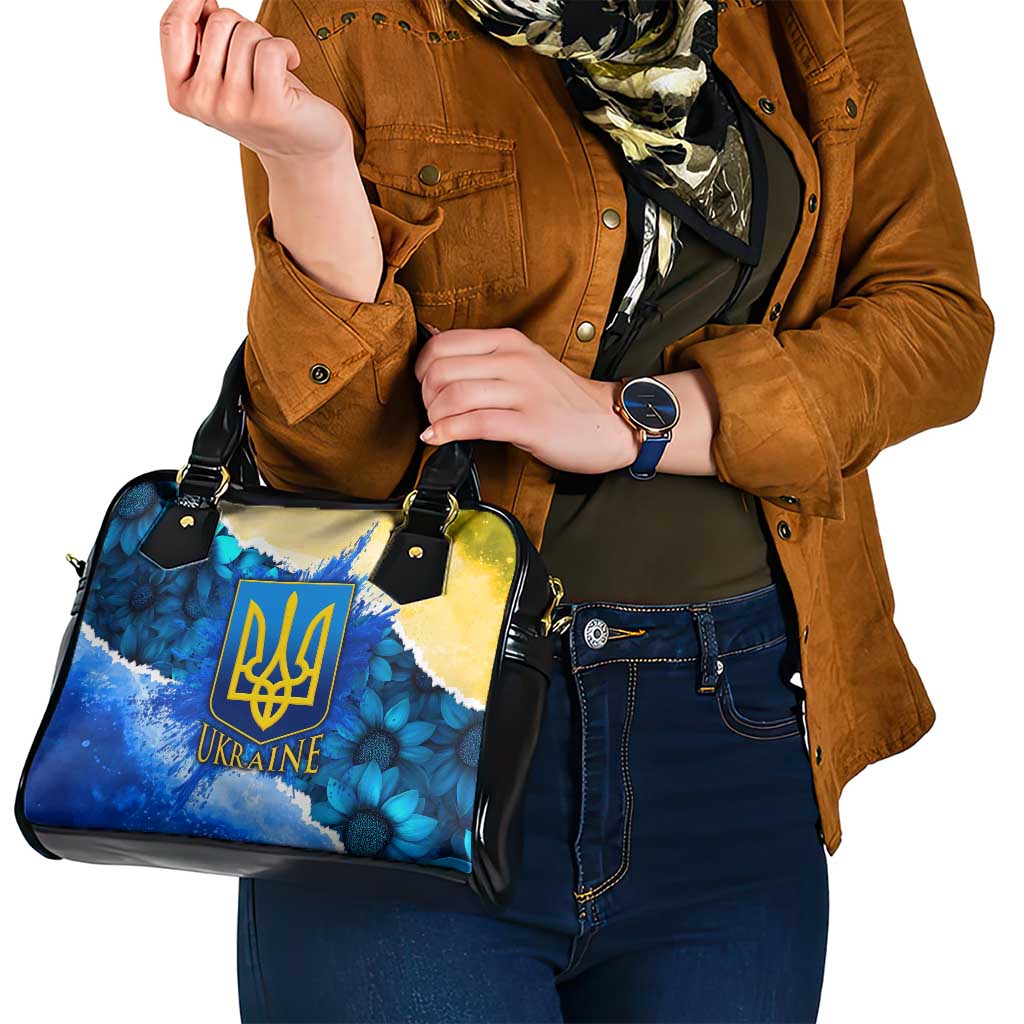 Trident Emblem Ukraine Shoulder Handbag with Blue Sunflowers and Flag Colors Design TS04